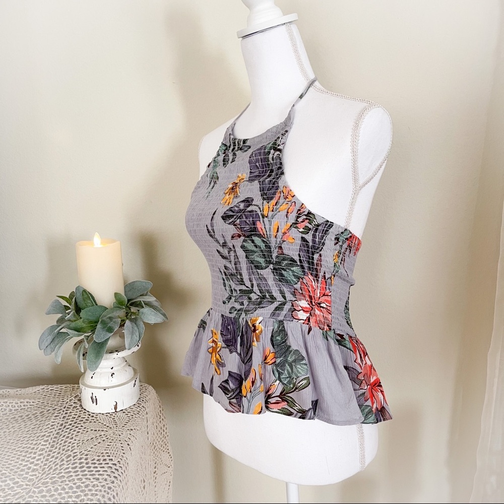 Floral Blue Ruffle Hem Neck Tie Top